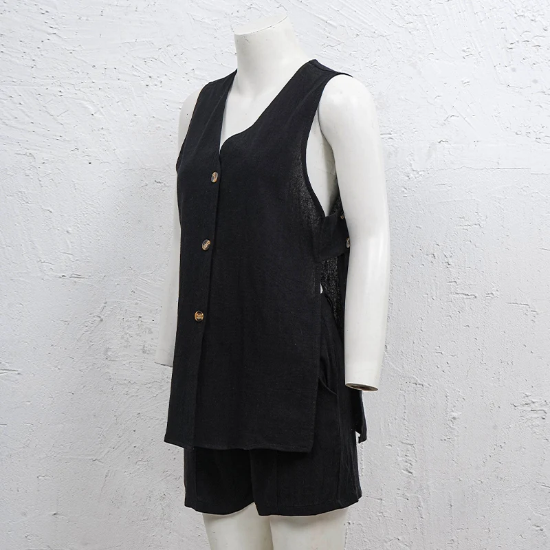 2026 New 100% Cotton Women Suits 2 Pieces Sets V Neck Sleeveless Buttons Vest Blazer+High Waist Shorts Lady Office Tracksuit