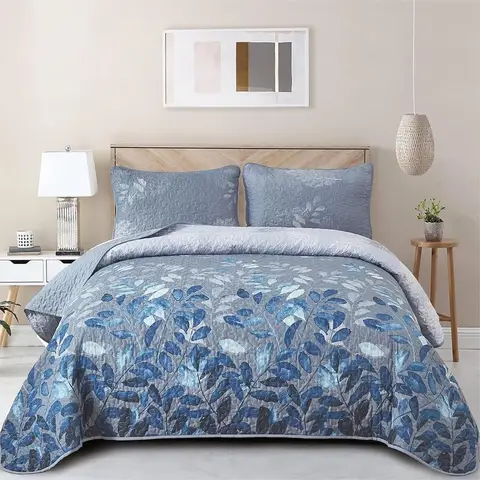 3 Piece Blue Quilt Set King Size, Floral Bedspread Coverlet with 2 Pillowcases, Soft Microfiber Lightweight Bedding Set 104x90