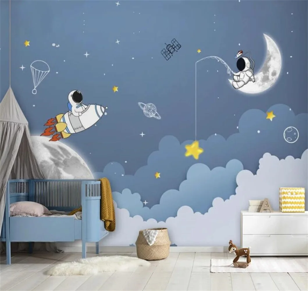 Simple cartoon starry sky wallpaper,planet space astronaut children's room mural boys' bedroom kindergarten 3d wallpaper