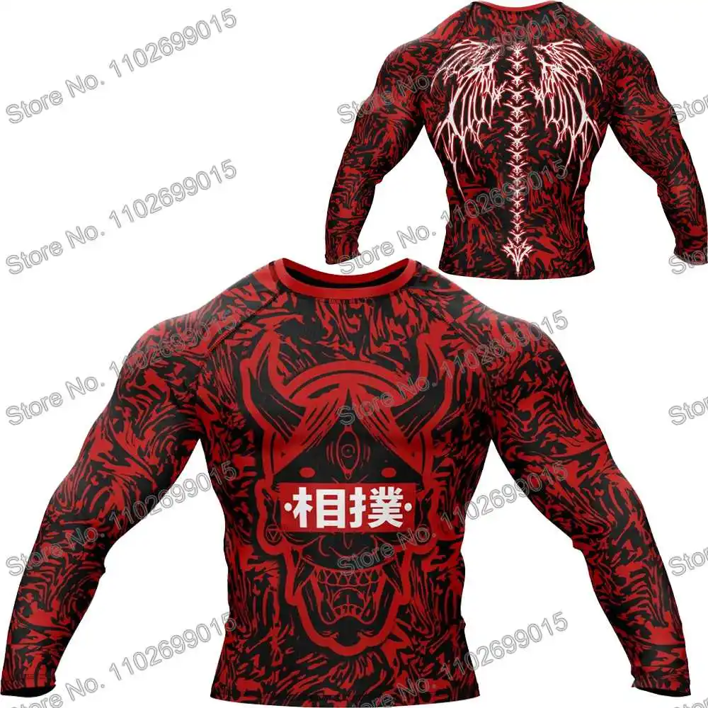 Hannya Mask Diving T-Shirt Tight Long Sleeve Rash Guard BJJ MMA Swimwear Men Surf Clothing Beach Floatsuit Women GYM Tops