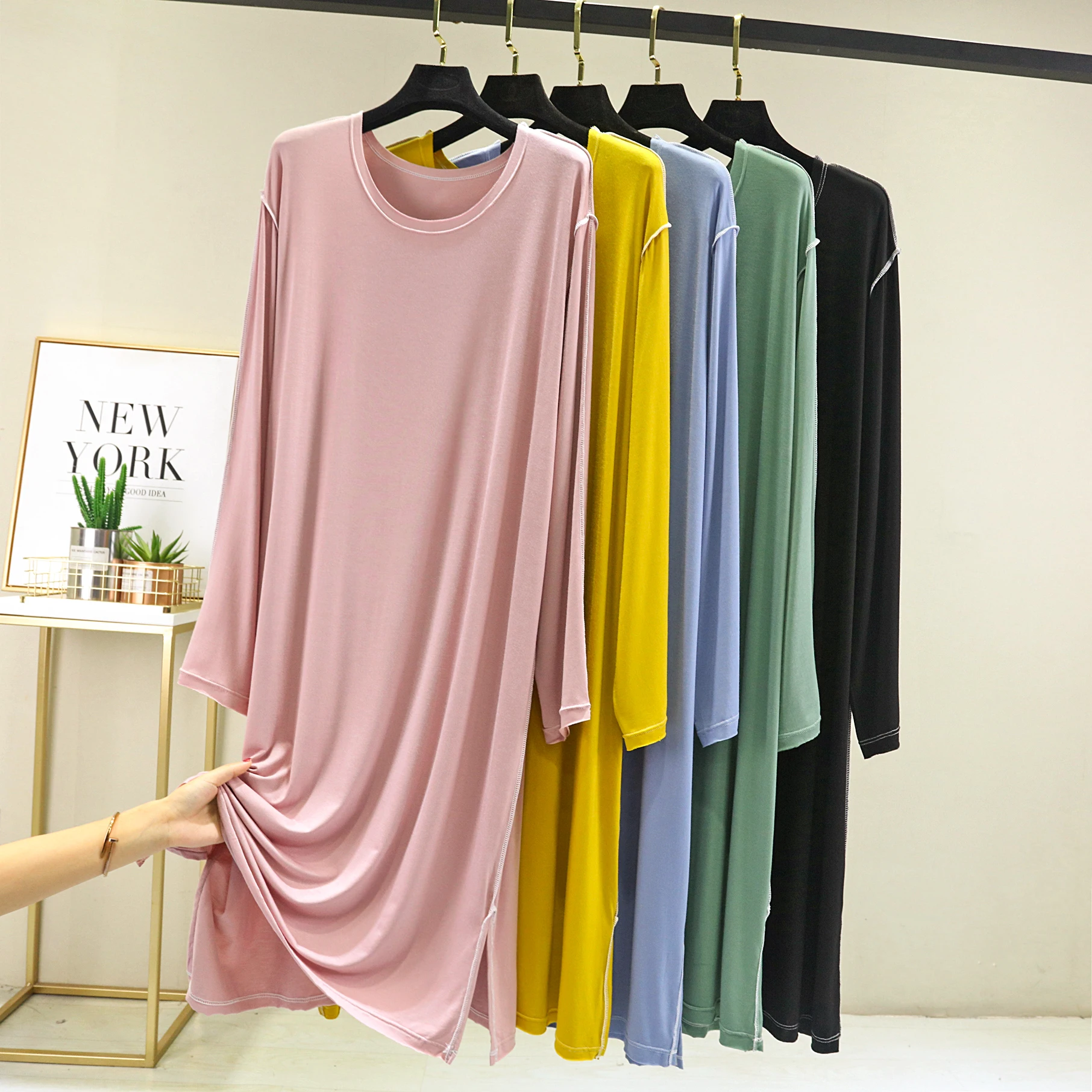 

Slimming Effect Modal Long Dr Casual Home Wear Long Sve Spwear plus Size Thin Versatile Dr for Women