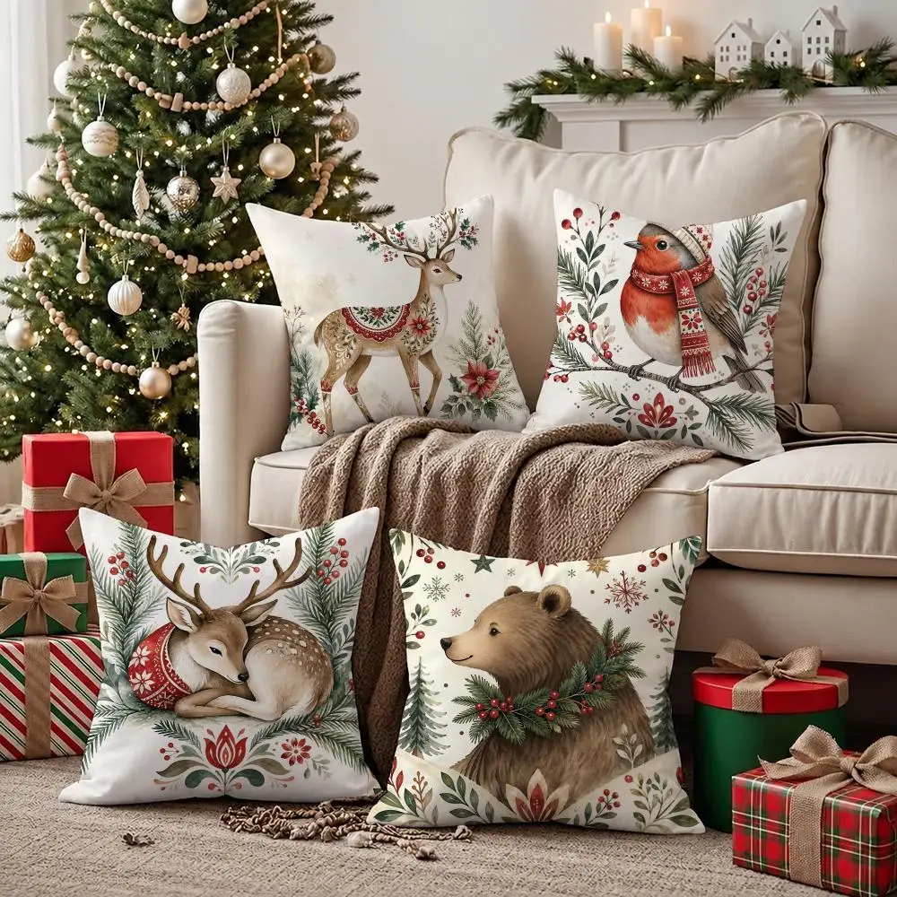 Christmas Woodland Animal Cushion Cover Soft Christmas Pillow Cover | Festive Cushion Decor for Cozy Sofa Bedroom Home