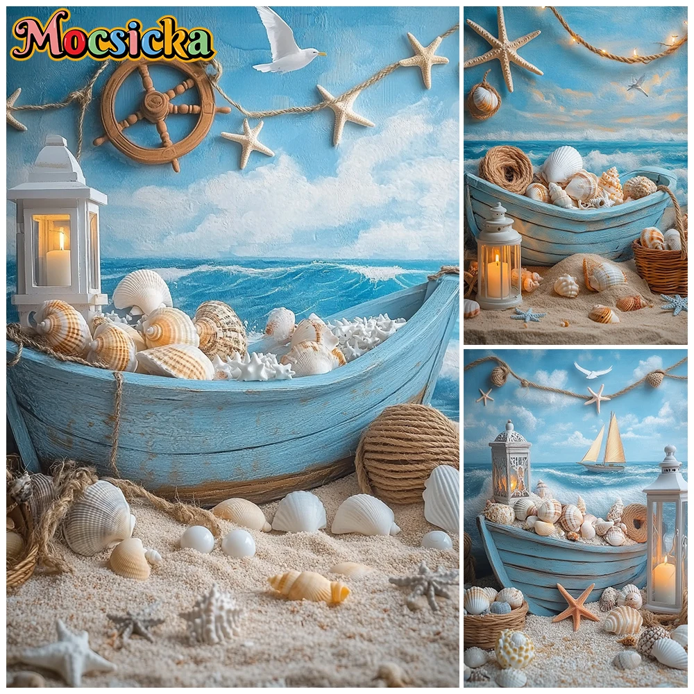 

Mocsicka Nautical Beach Photography Backdrop Blue Wooden Boat Seashells Lantern Background Summer Sand Coastal Photo Studio Prop