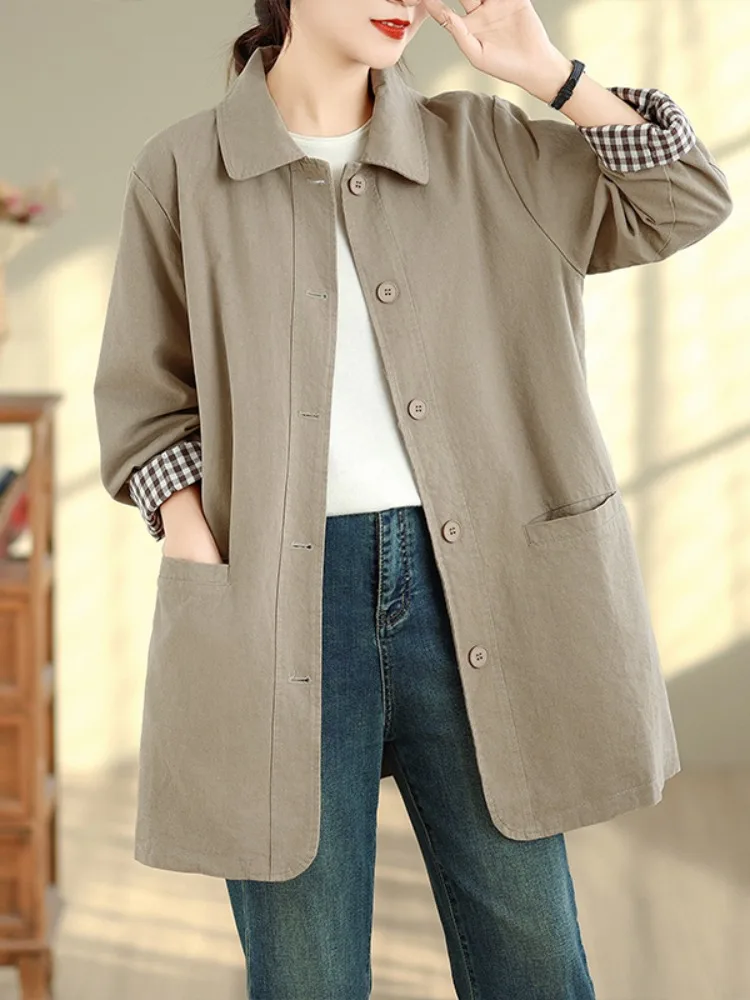 Pure Cotton  Collar Long Sleeve Women's Jacket Coat Medium Length Autumn Fashion Big Size Workwear Cardigan Top