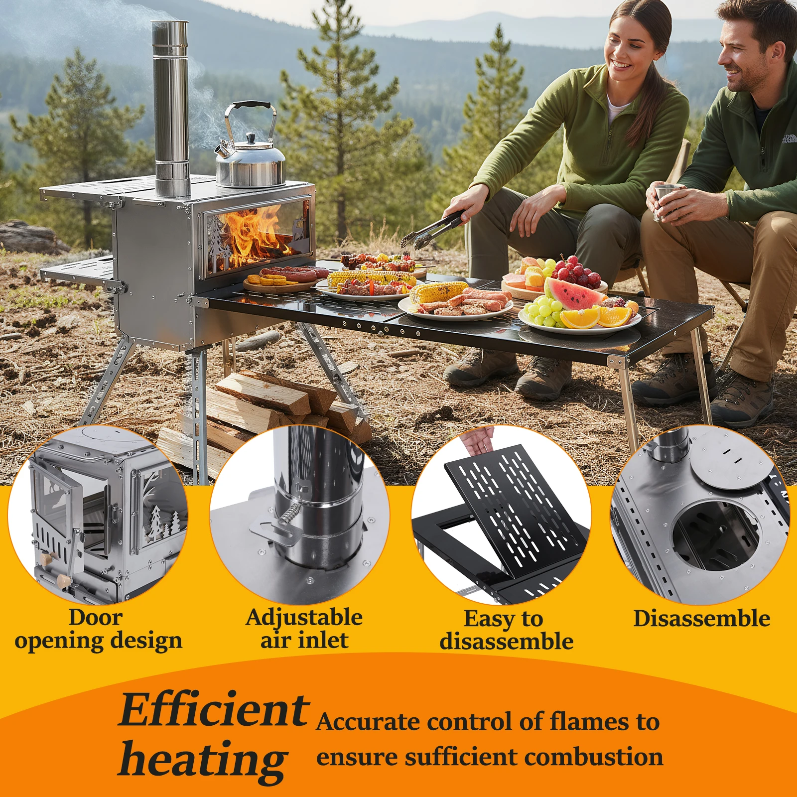 

Outdoor Camping Tent Stove with Oven & Camping Table with Chimney Pipe Stainless Steel Ideal for Camping Hunting Ice Fishing