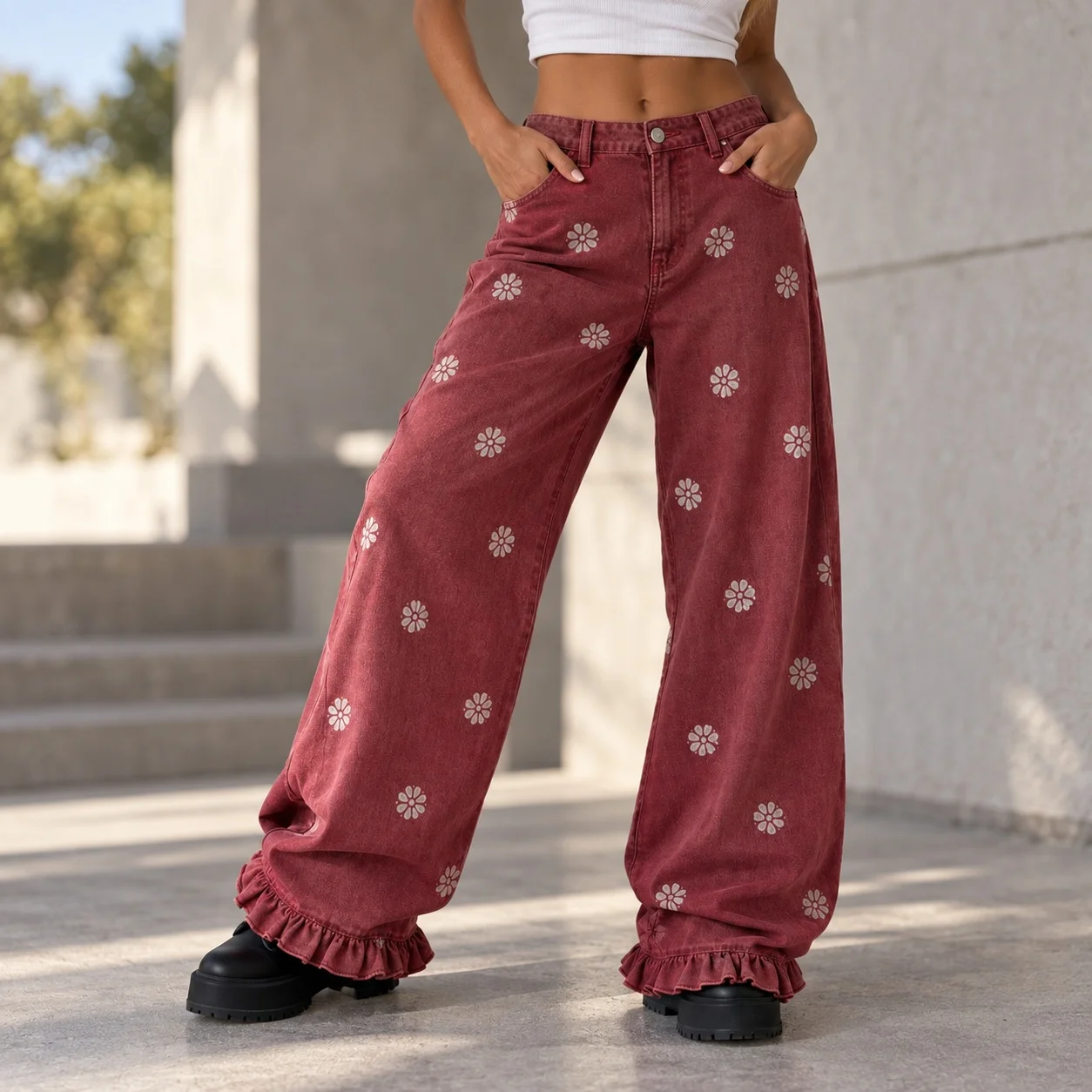 No Stretch Ruffle Jeans Full Length Casual with Mid Rise Regular Thickness Literary Vintage Loose Fit Vintage Women Jeans