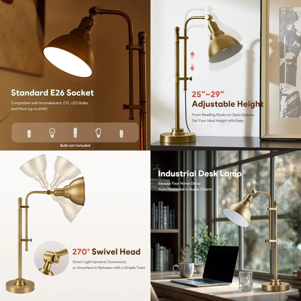 

Adjustable 25-29 Industrial Style Metal Task Lamp, Vintage Work Light, Brushed Gold Finish, ETL Certified