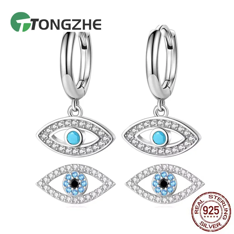 TONGZHE Fashion Blue Zircon 925 Sterling Silver Earrings Elegant Turkis Lucky Eye Ear Buckle Earrings For Women Party Jewelry