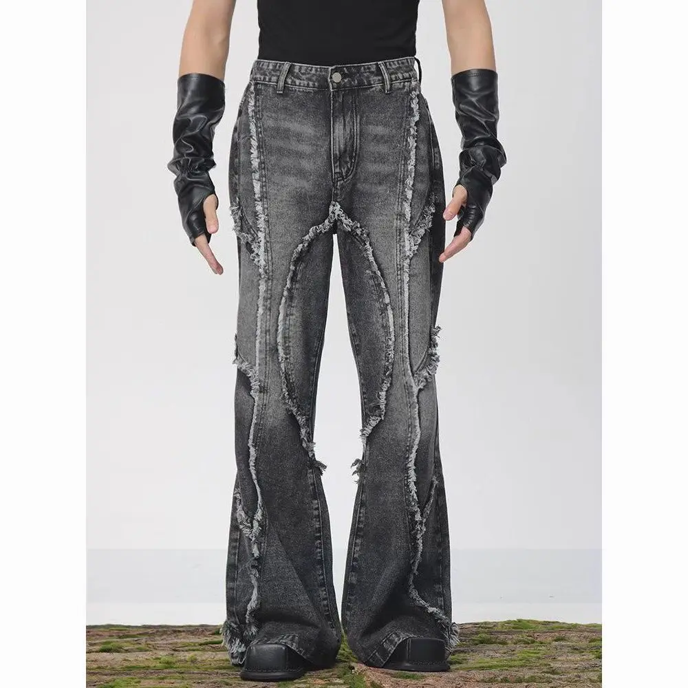 Men's Edge Fringe Design Retro Micro Horn Jeans Casual Large Pockets Pants Male Bottom Cool Boy High Waist Denim Y2k Trousers