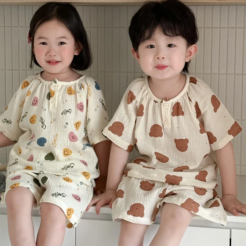 

Korean Children's Home Suit Summer 2024 New Soft Double-layer Baby Girl's Pajamas Suit Top+Pant Casual Two-piece Suit