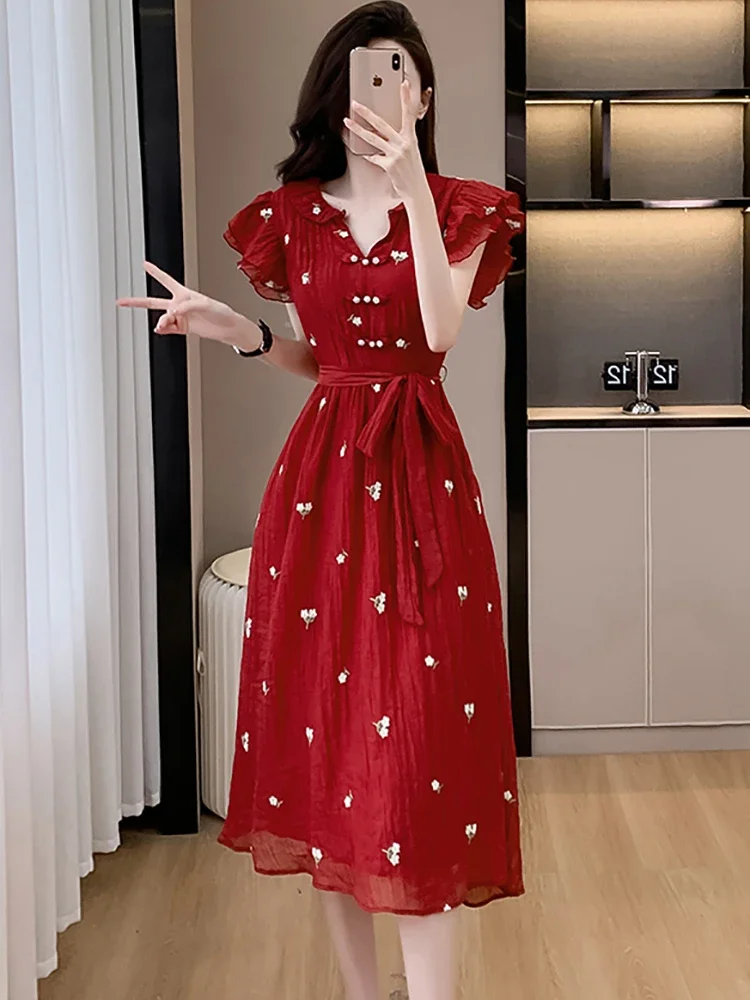 여성 우아한 플라잉 슬리브 캐주얼 드레스 2025 한국 빈티지 파티 드레스 여름 레드 자카드 플로럴 시크 보우 밴디지 롱 드레스