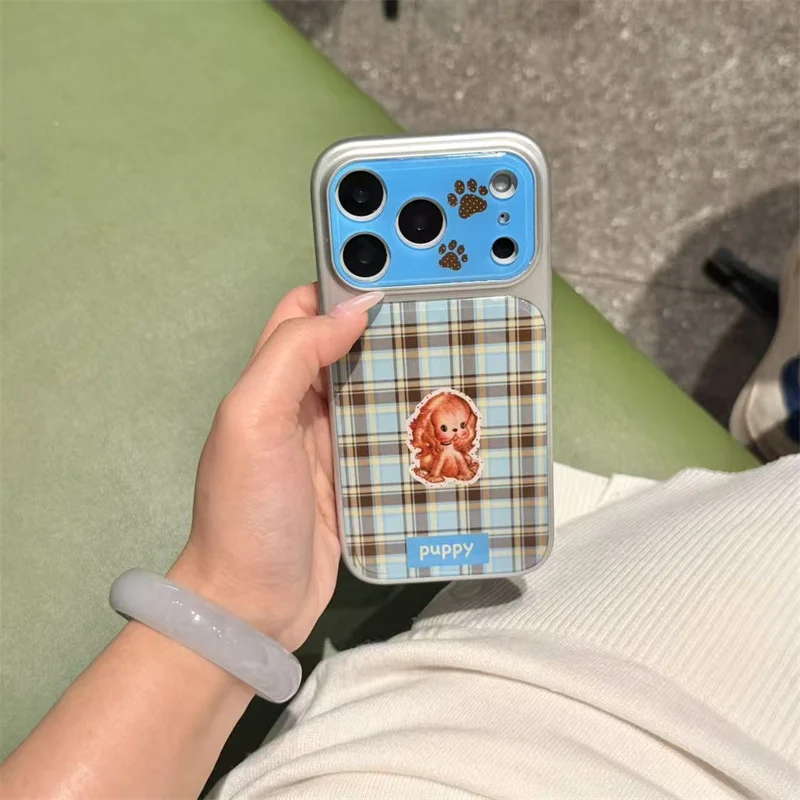 

Cute Plaid Puppy Phone Case for iPhone 14 15 16 17 Pro Max Shockproof Protective Cover Aesthetic Kawaii Case for Girls Women