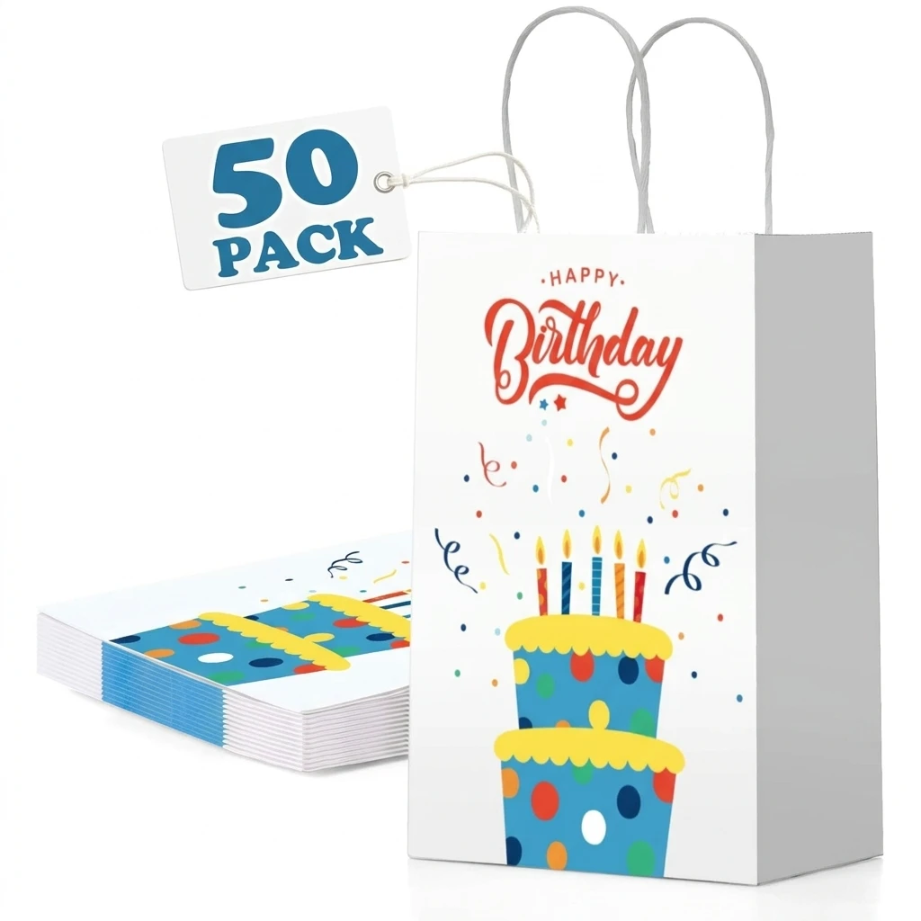 15X8X21CM Geschenktüten, 50 Stück Weiß Papiertüten mit Henkel, Kraftpapiertüten Klein Geeignet für Geburtstag