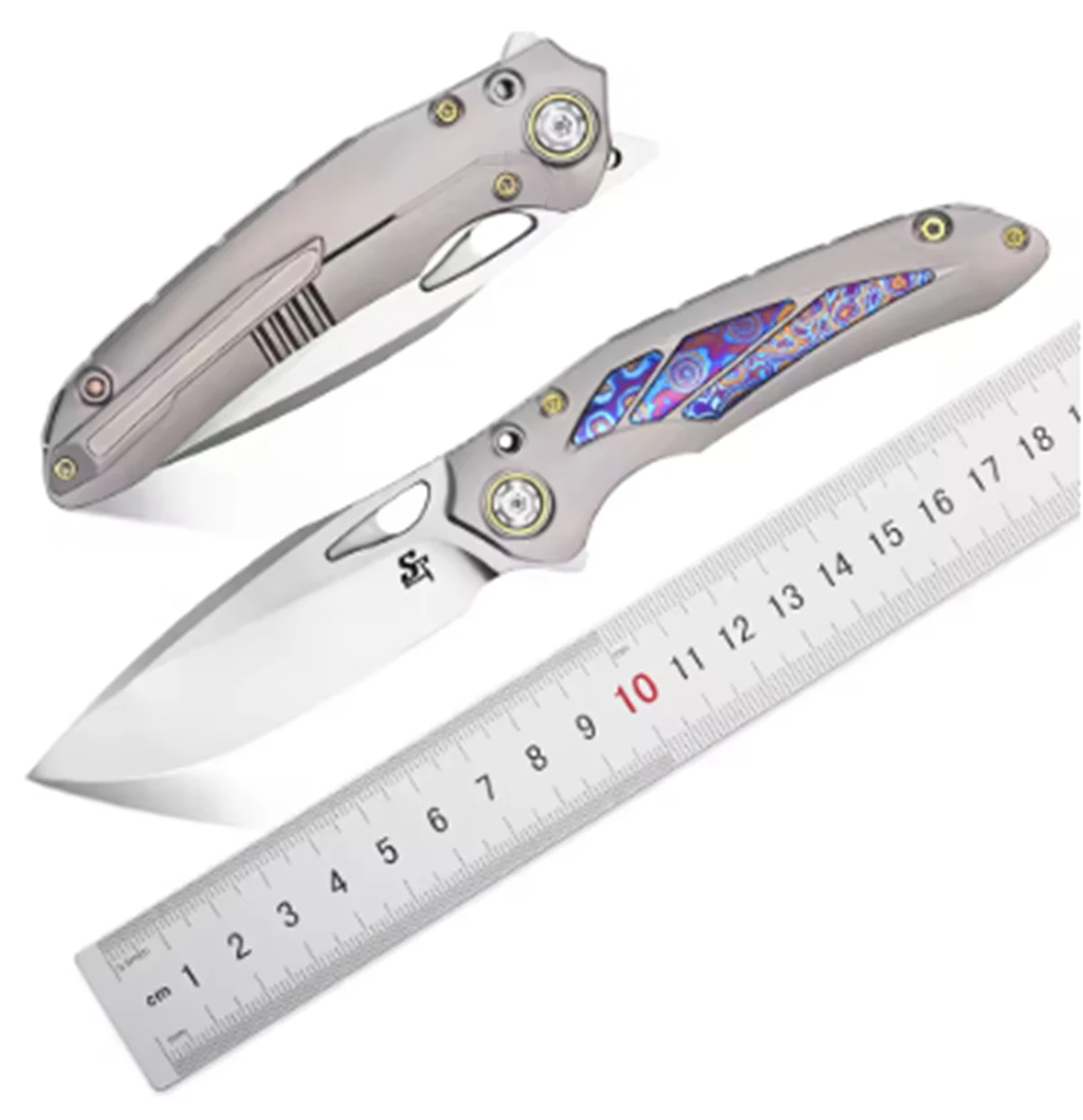 Sitivien ST888 Folding Knife M390 Steel Blade Titanium &Timascus Inlaid Handle with Safety Frame Lock for Camping Collection
