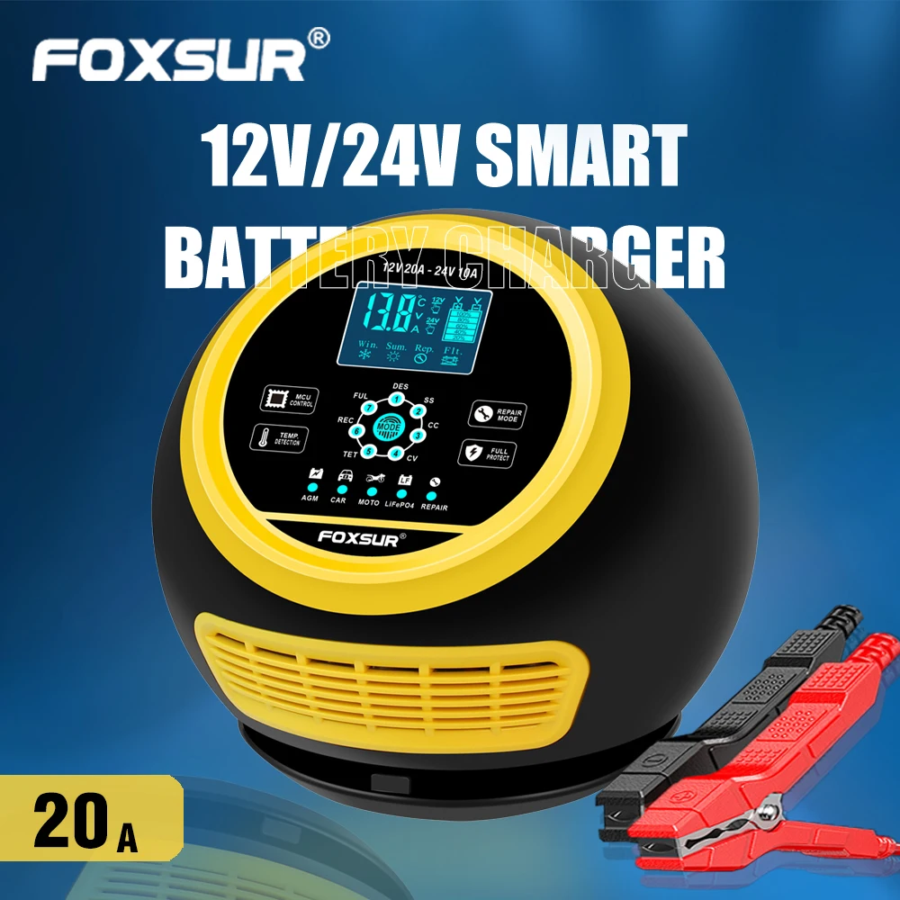 

FOXSUR Dome 20A 300W 12V24V Lithium Ion Iron Lead Acid Battery Charger, High Power Portable Car Truck Battery Charger