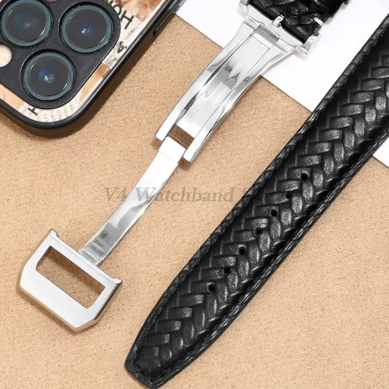 Watch Band for IWC Pilot Series Curved End Woven Leather Watchband for Omega Genuine Cowhide Bracelet 20mm 22mm