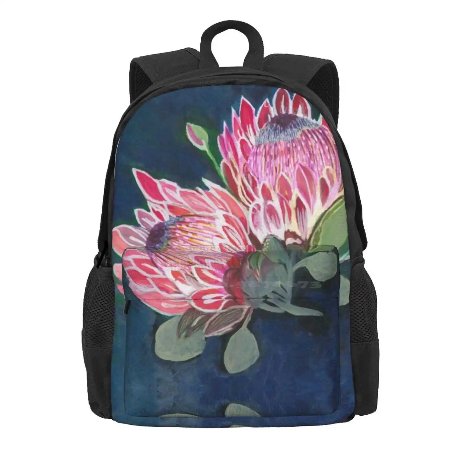 Pink Beauty Hot Sale Schoolbag Backpack Fashion Bags Protea Waratah Pink Blue Floral Flower Australian Native Wild Pattern Home