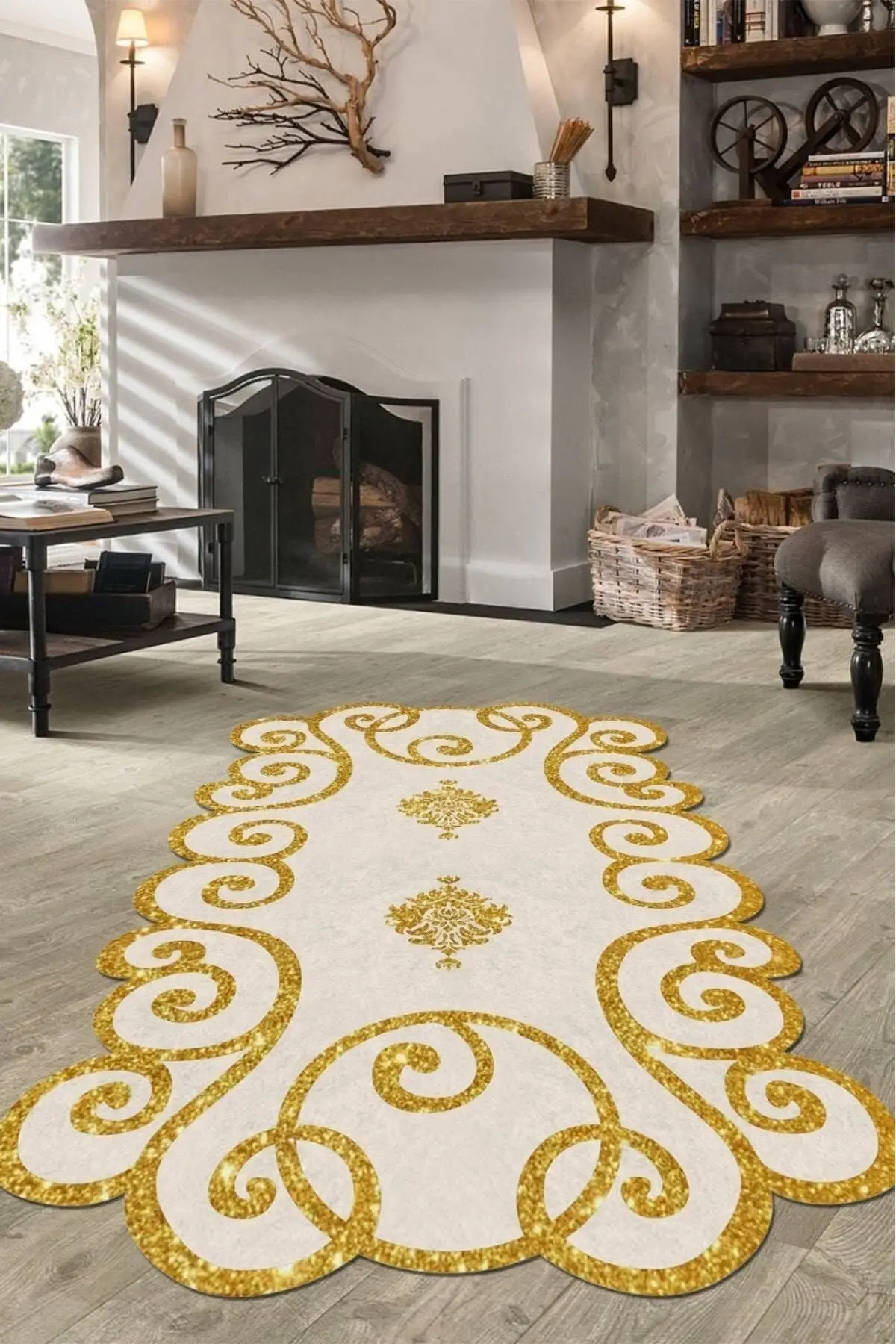 

DOLBOVI digital printed non-slip base washable laser cut white living room carpet