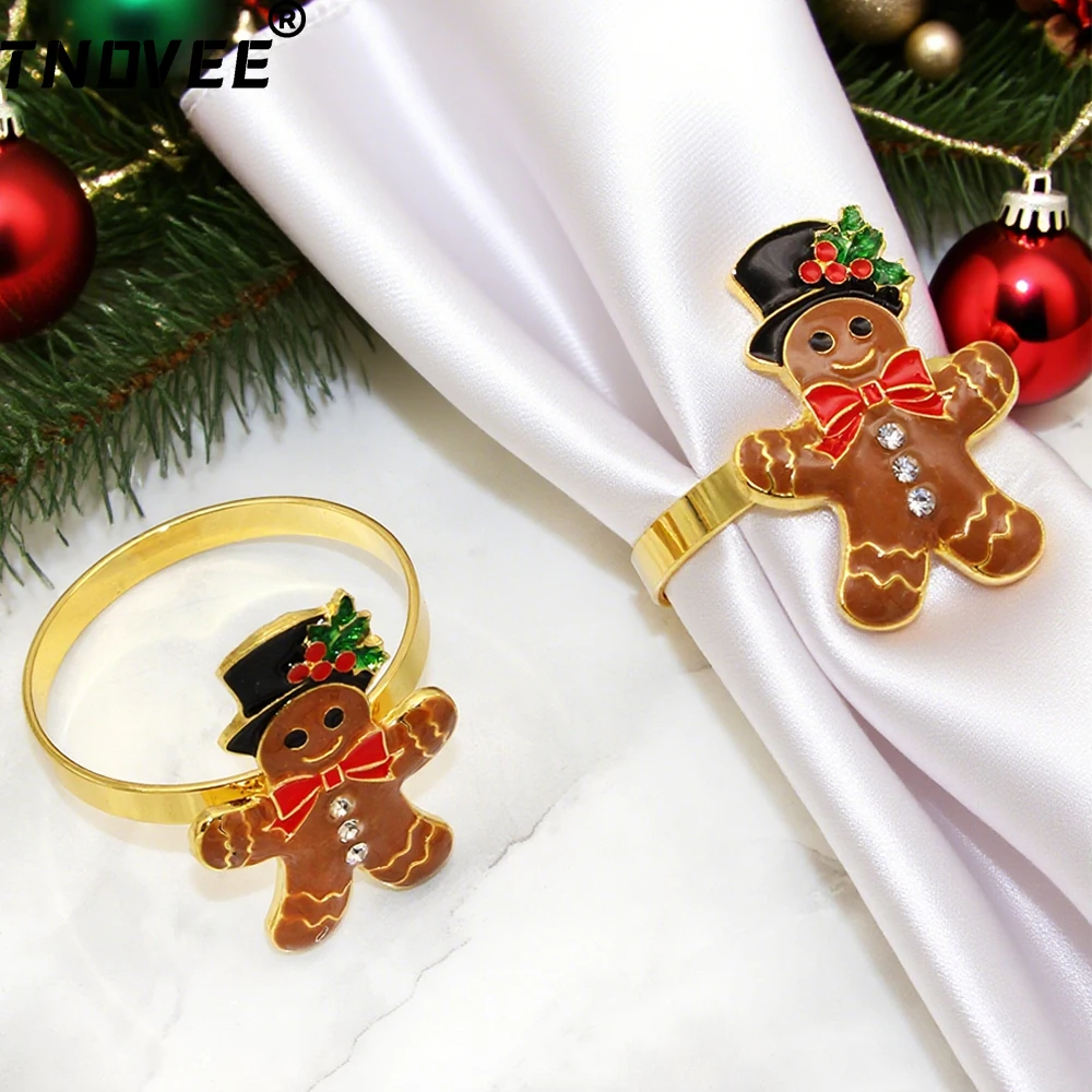 6Pcs Christmas Napkin Rings Gingerbread Man Bell Wreath Deer Tree Napkin Holder for Xmas Wedding Party Dinner Table Decoration