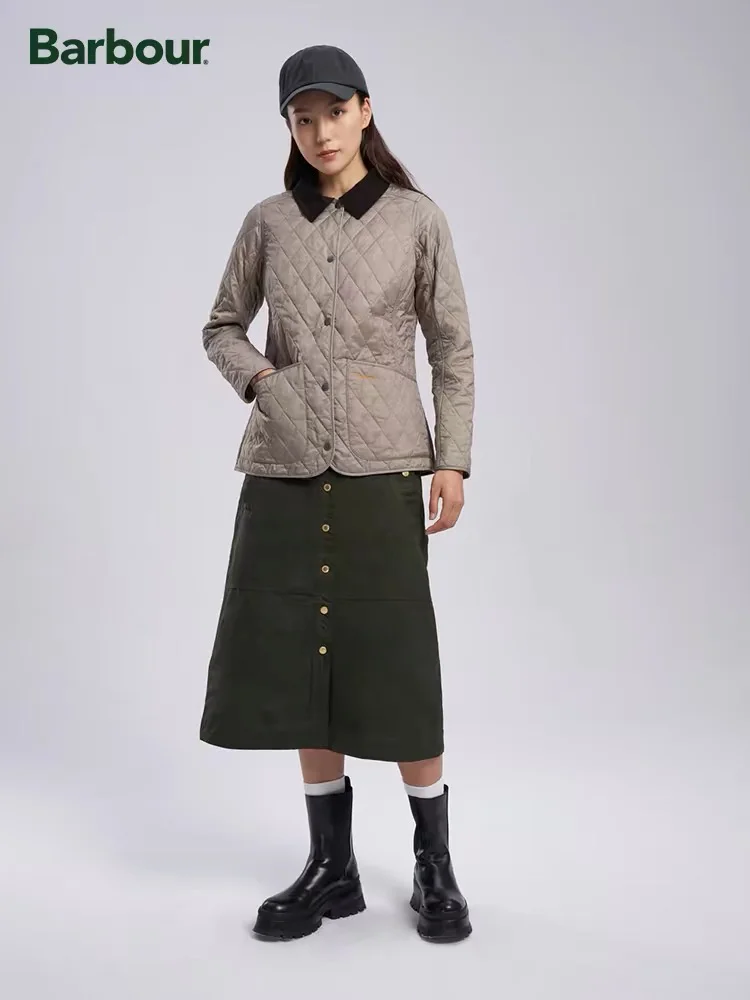 Barbour mid-length cotton jacket for women 2024 autumn and winter new corduroy collar diamond plaid jacket