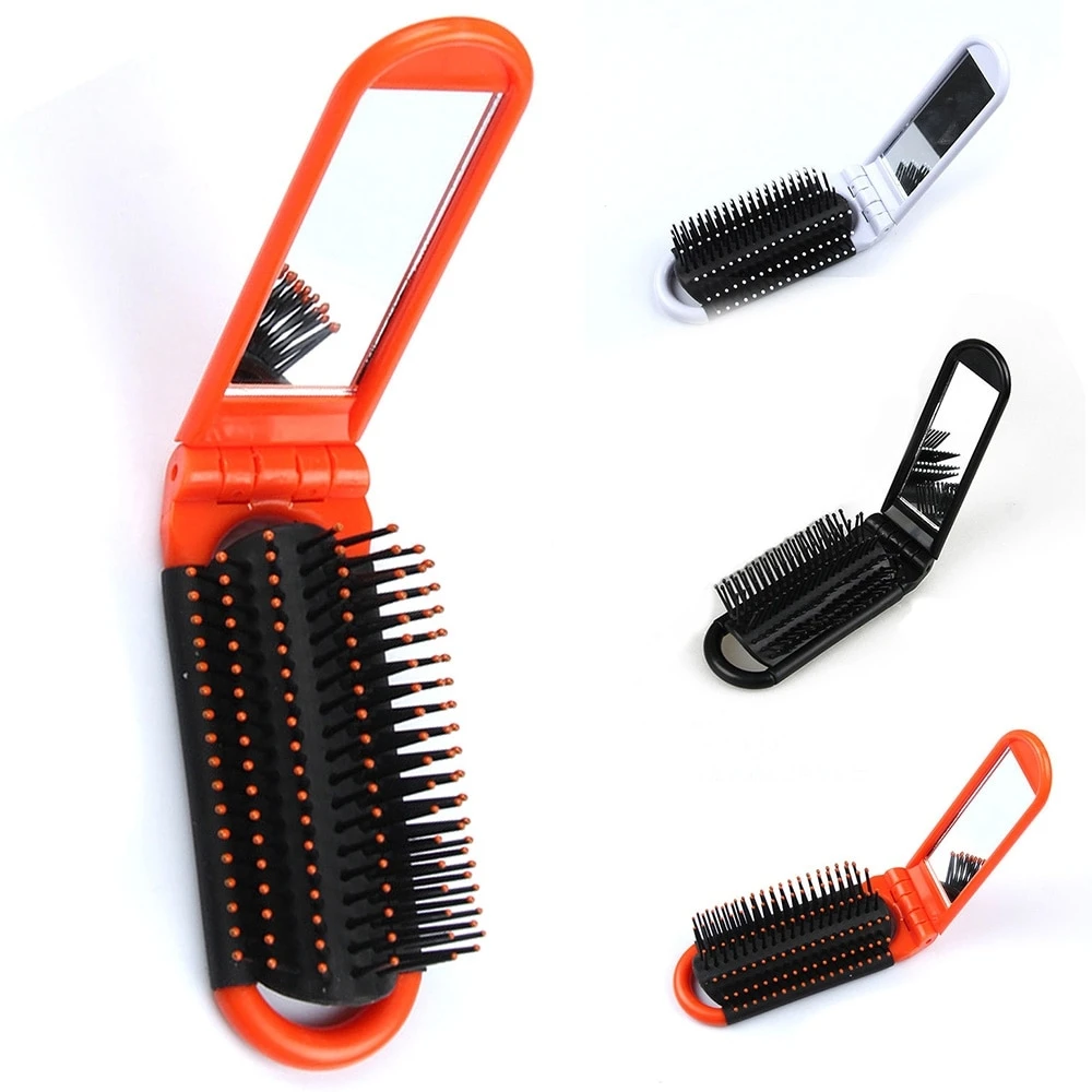 Folding Hair Brush With Mirror Compact Pocket Size Travel Comb Cosmetic  Scalp Massager Beauty Tools