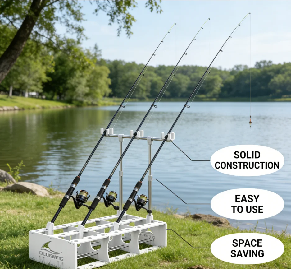 

Aluminum Bent Butt Fishing Rod Rack - Large Capacity Storage Holder for 45 Rods & Reel Combos, Mounted Pole Organizer