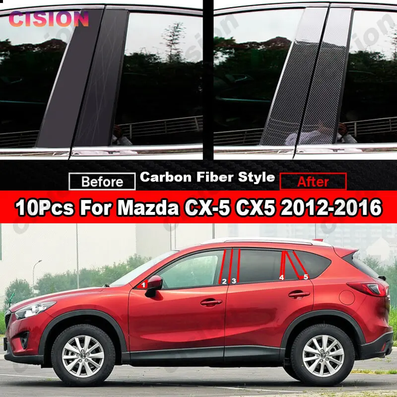 Glossy Black Window Door Column B C Pillars Posts Cover Trim For Mazda CX5 CX-5 2012-2016 Carbon Fiber Mirror Effect PC Sticker