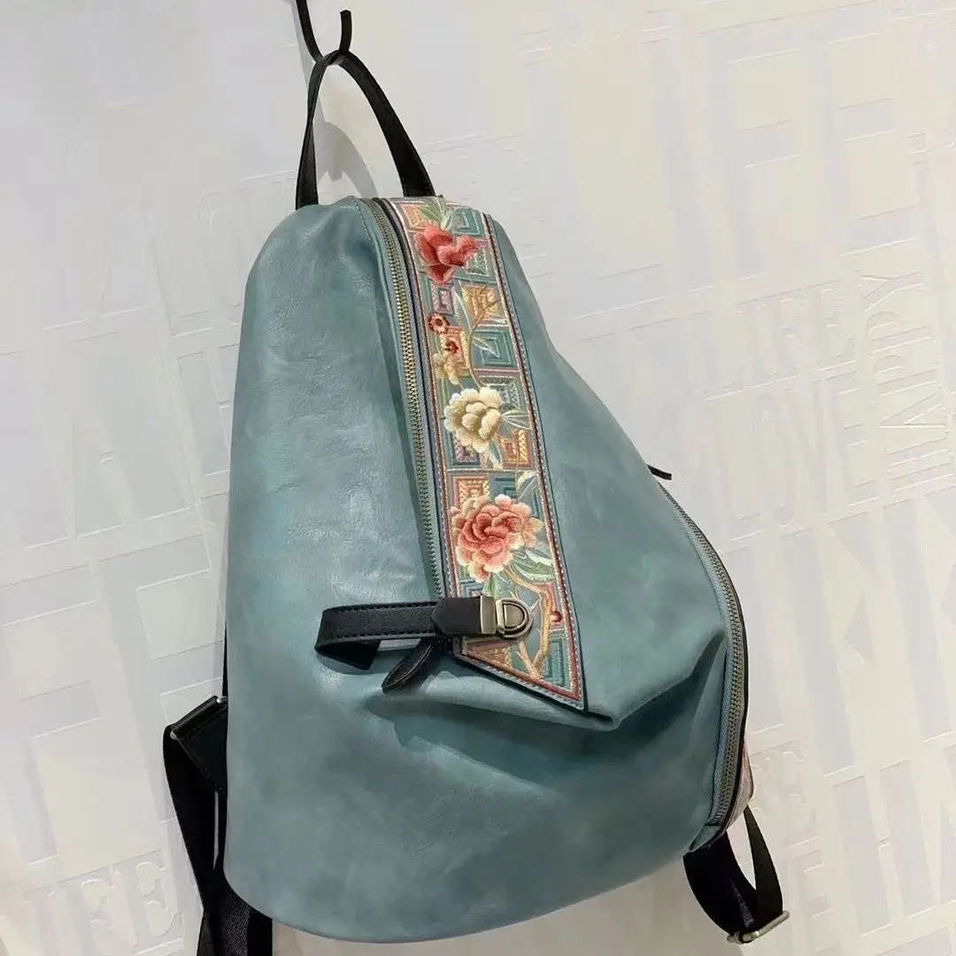Chinese tradition Chic leisure travel embroidery leather backpack flower ethnic bag schoolbag travelling bag Hiking bag