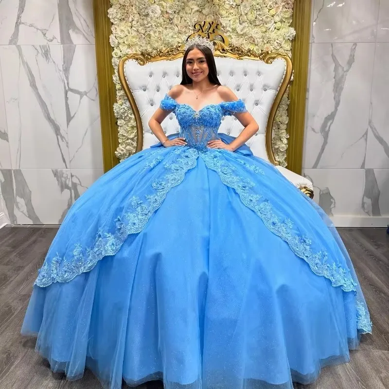 ANGELSBRIDEP Shiny Blue Quinceanera Dresses With Bow Beading Lace Crystals Vestidos De 15 Anos Birthday Party Gown Customized