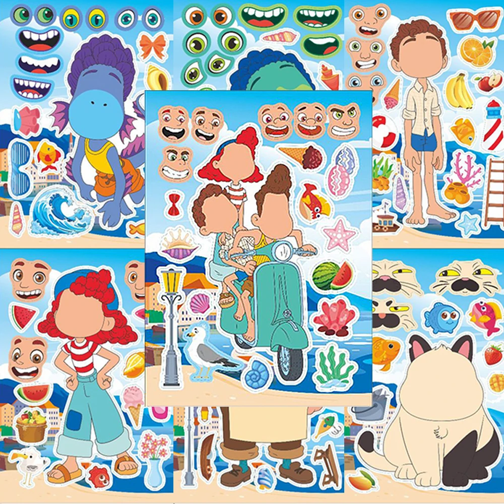 8/16 hojas de pegatinas de rompecabezas de dibujos animados Disney Luca, lindas pegatinas de decoración de dibujos animados, calcomanías de rompecabezas para ensamblar, juguete educativo DIY