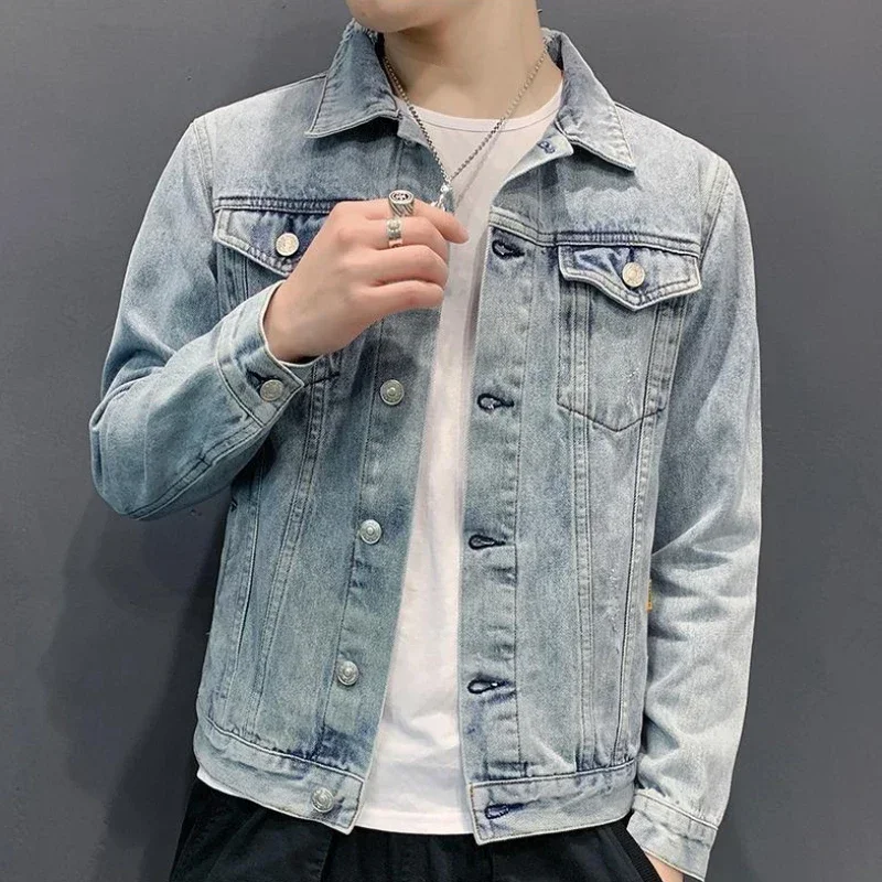 Denim Jackets Man Light Button with Hole Jeans Coat for Men Ripped Winter Outerwear Original Cheap Price Stylish in Lowest Low G