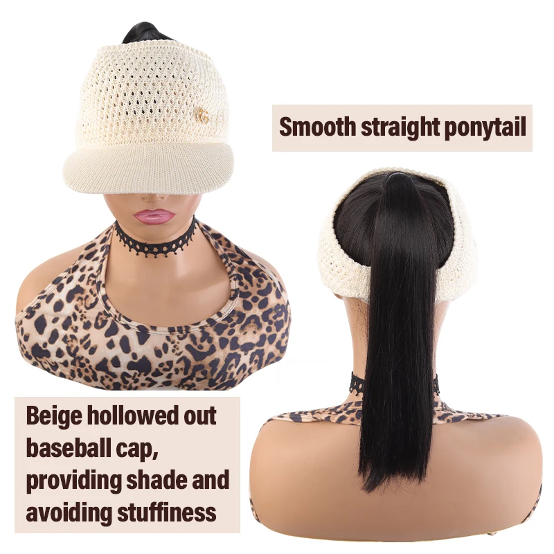 Beige Hollow - out Visor Wig with Straight Ponytail, Synthetic Fiber, Breathable & Lightweight, Easy to Wear for Summer, Gym & D