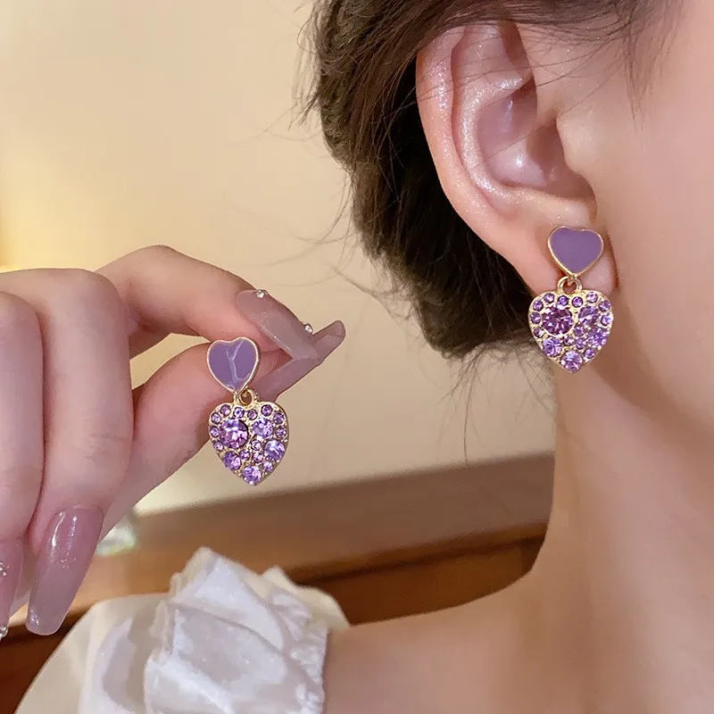 925 Silver Needle Korean Fashion Purple Crystal Heart Drop Earrings For Women Jewelry 2024 Trending New Luxury Women's Earrings