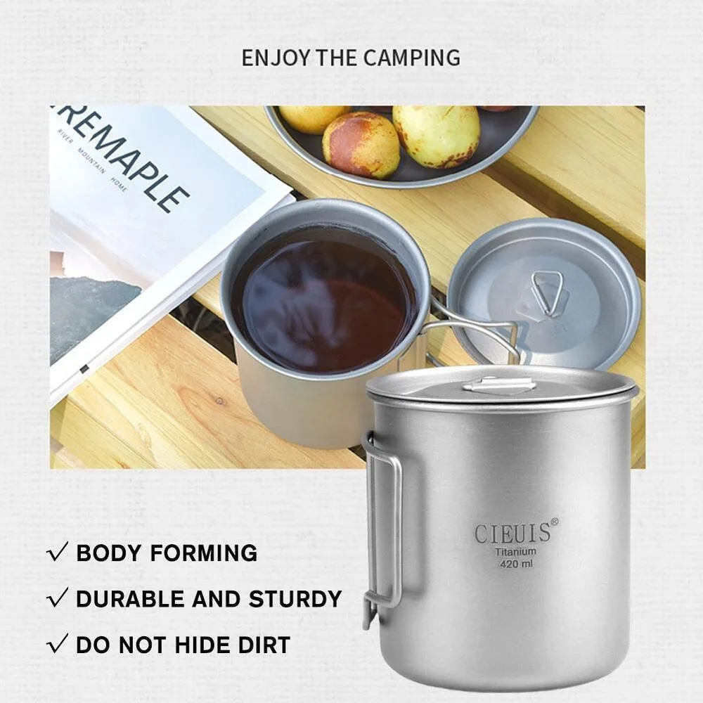 

420ML Portable with Foldable Handle Titanium Cup with Lid Boil Water Drinking Cup Pure Titanium Ultralight Camping Mug Camping