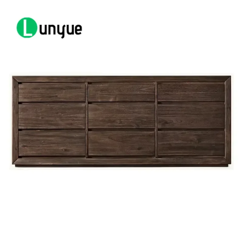Dark Faux Old Scandinavian 9 Drawer Solid Wood Dresser Wide Handleless Chest for Bedroom Living Room Storage Furniture