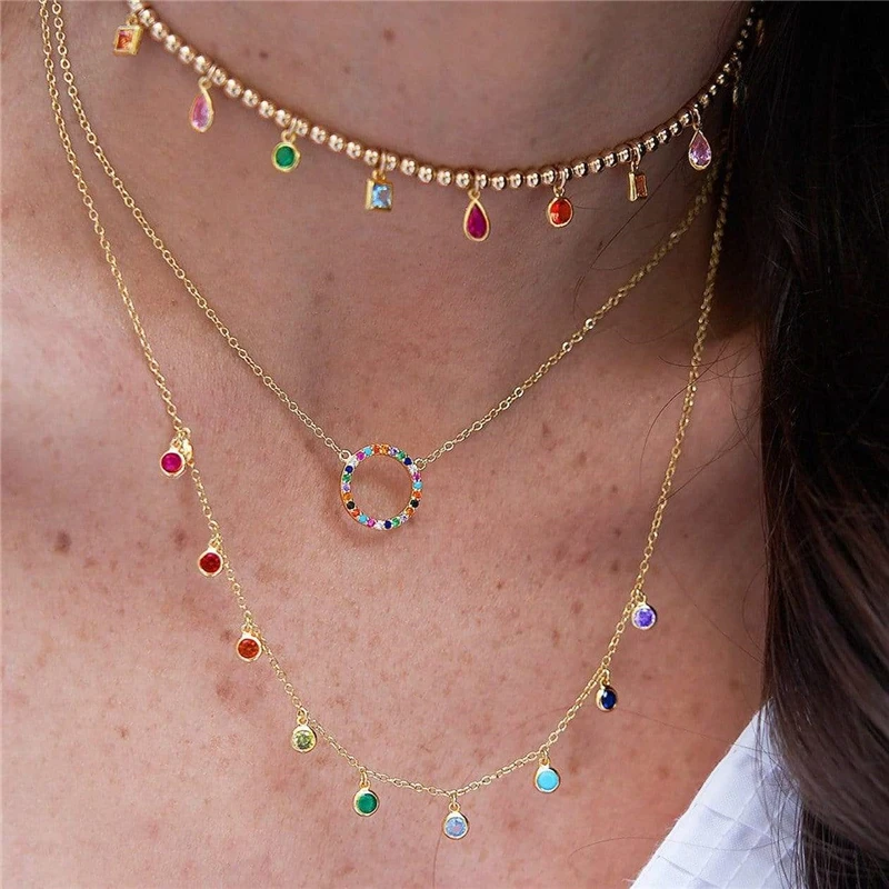 ROXI Luxury Small Rainbow Crystal Beads Pendant Necklace For Women Fashion Jewelry Charming Chain Choker Collares