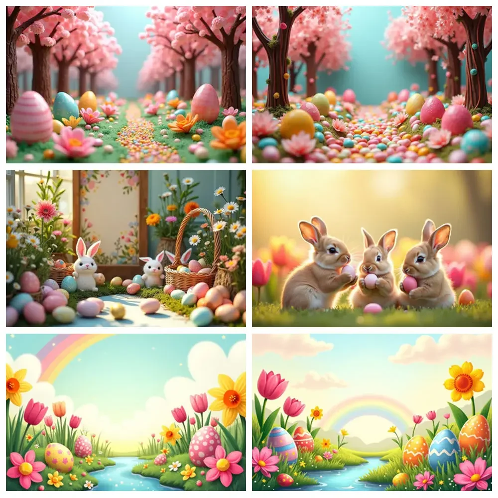 

MOON.QG Happy Easter Bunny Photography Backdrop Forest House Colorful Eggs Photozone Background Children Studio Photobooth Props