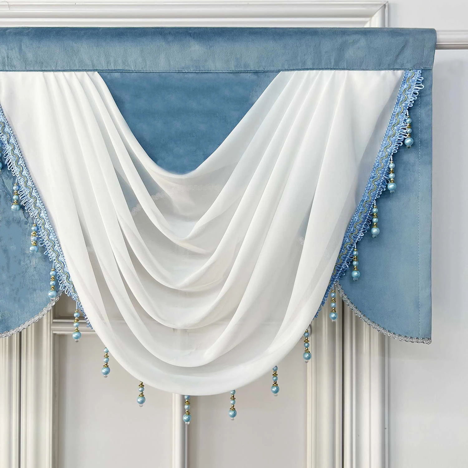 Luxury Blue Swag Curtain Valance for Window Velvet Valance with Tassels Living Dining Room Bedroom European Royal Style