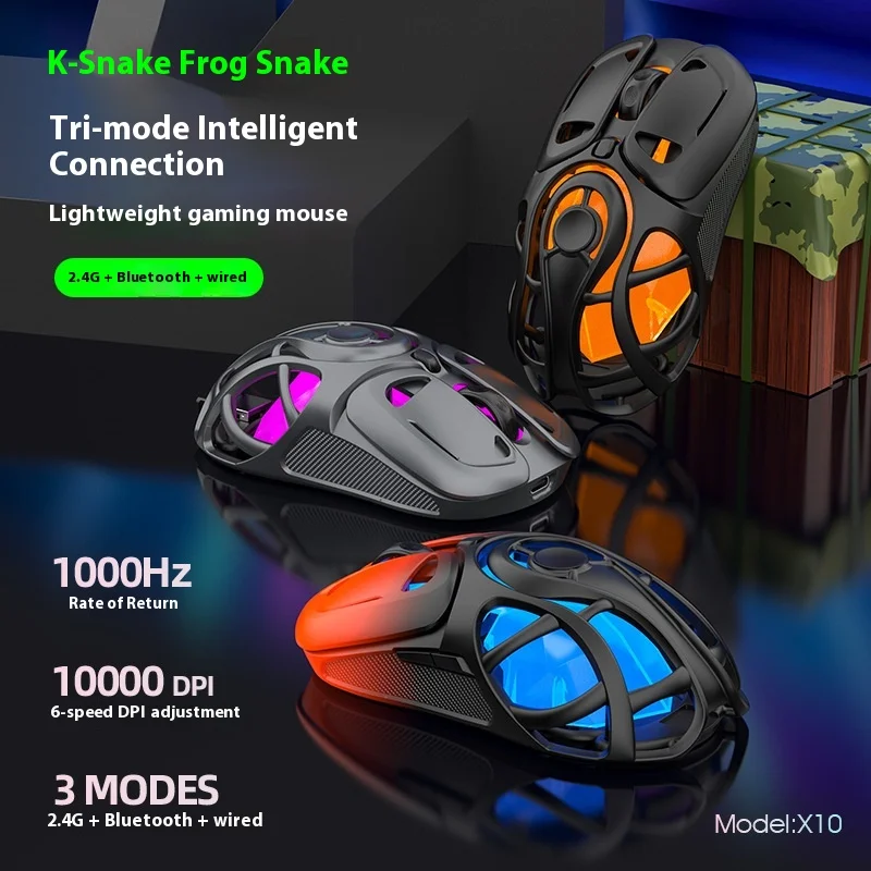 2025 K-Snake X10 Personalizado Três Modos Sem Fio HOLLOW OUT Gaming Mouse Leve Bluetooth Escritório 1000HZ RGB Luz 400mah