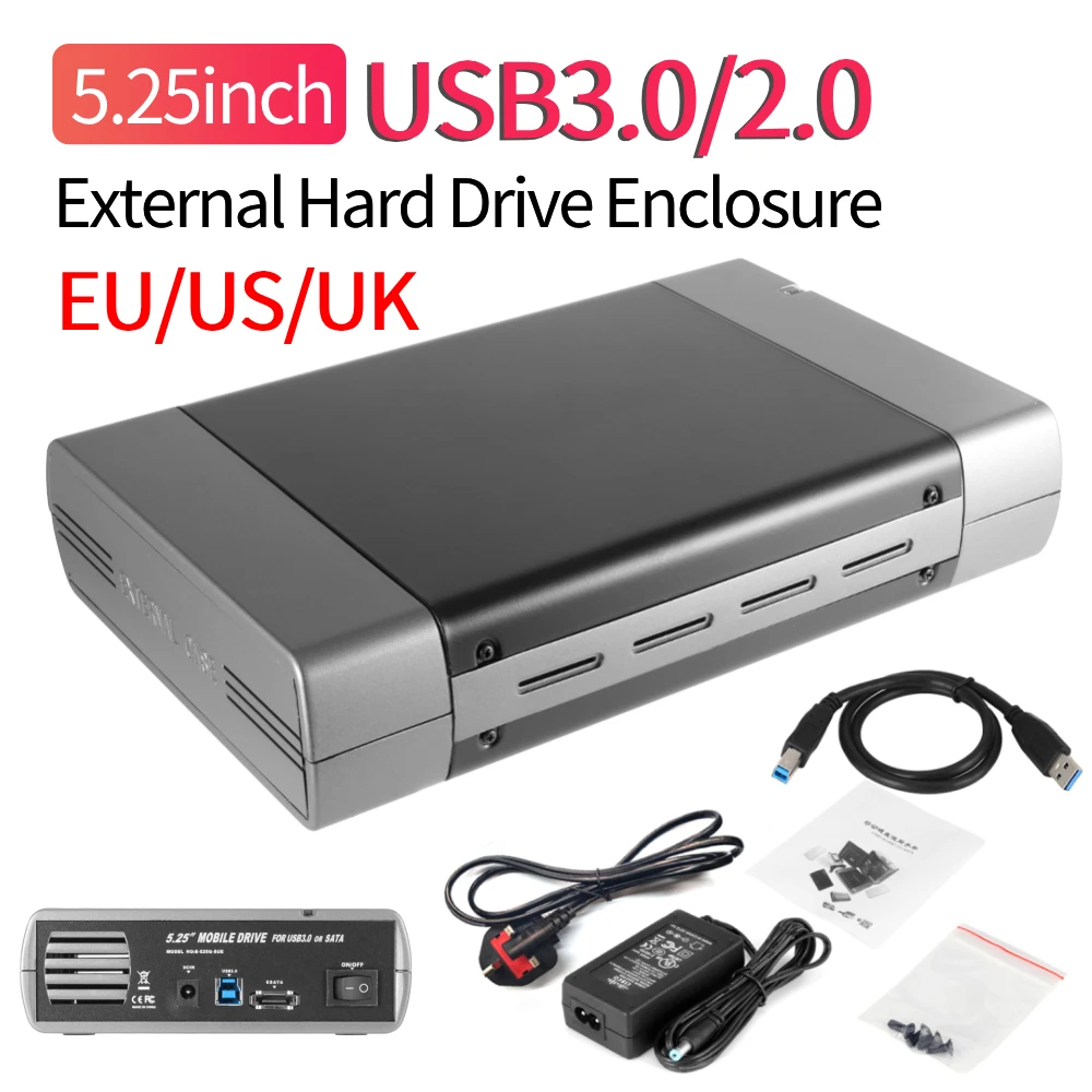 5,25-Zoll-Gehäuse für externe Festplatten, USB 3.0/2.0 zu SATA-Festplattenbox, unterstützt DVD-Gehäuse für externe Festplatten, 16-Gang-Aufnahme