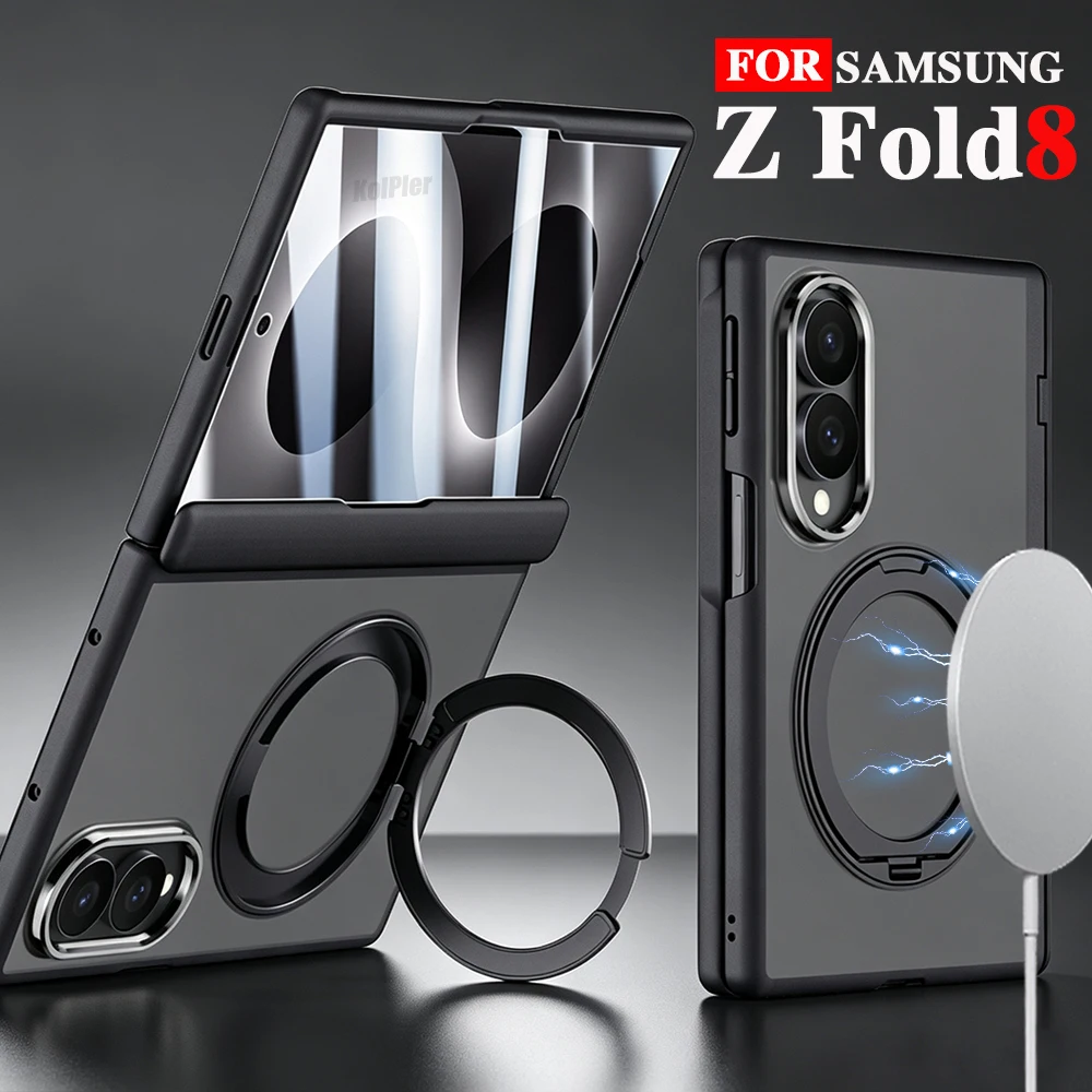 Case For Samsung ZFold8 Wireless Charging Matte Translucent Cover Metal Kickstand Lens Ring Soft Edge Screen Tempered Glass Film