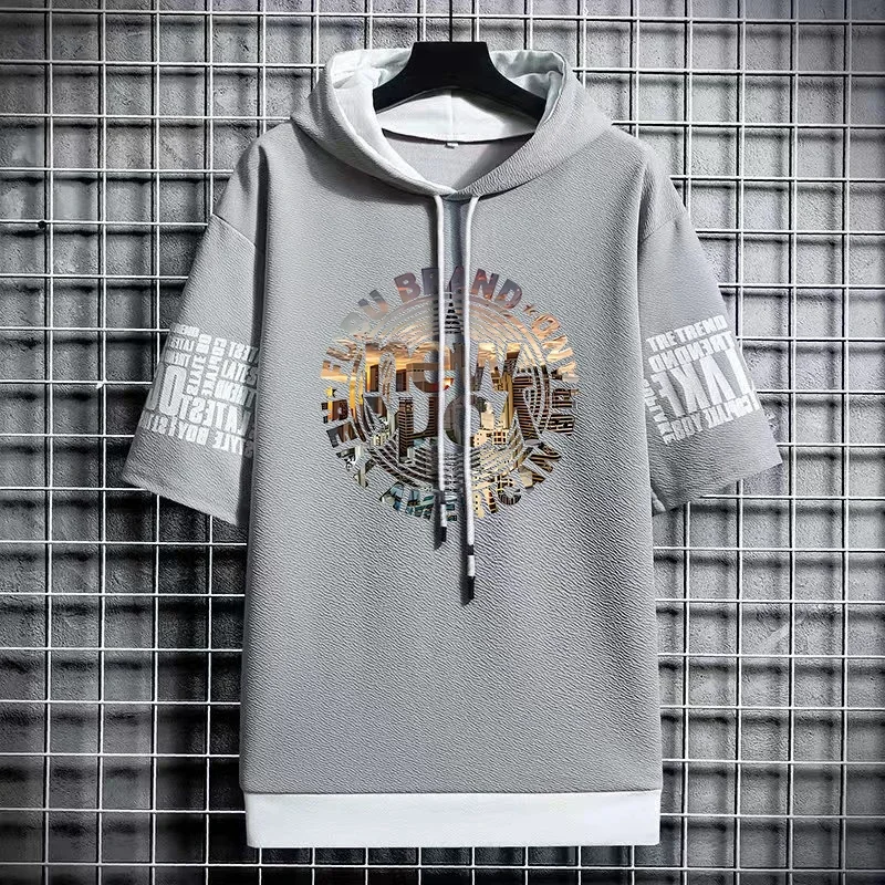 Men Short Sleeve Hooded Graphic T Shirts Summer Harajuku Top Korean Streetwear Tees Casual Men Clothing Hot Sell T New 2024