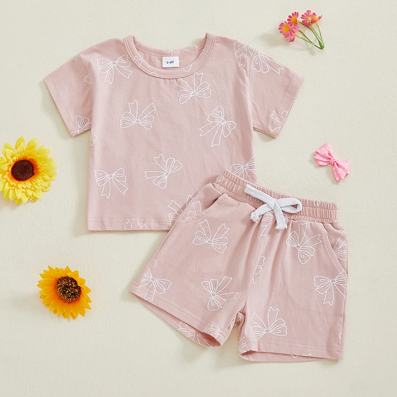 Toddler Baby Girls Summer Outfit Bow Print Short Sleeve T-Shirt and Elastic Shorts Set Cute Summer 2 Piece Clothes