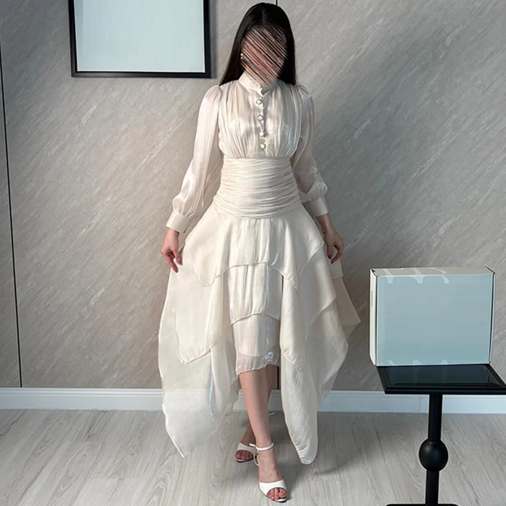 Modern High Collar Organza Evening Dress Fashion Buttons Prom Dresses Graceful Long Sleeves Customized Special Occasion Gowns