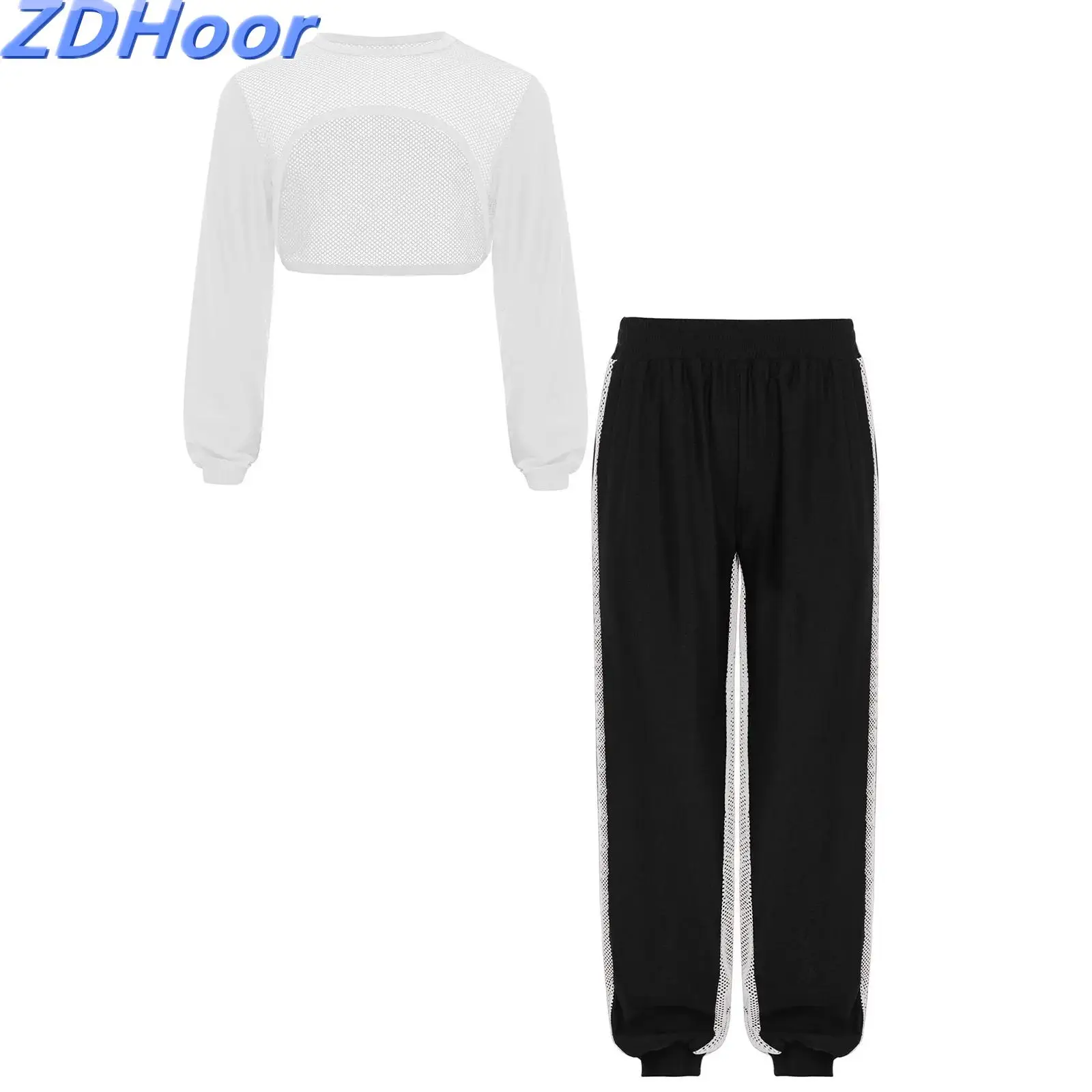 

Kids Girls Mesh Dance Outfit Hollow Out Asymmetrical Hem Crop Top with Elastic Waistband Contrast Color Pants Hip-Hop