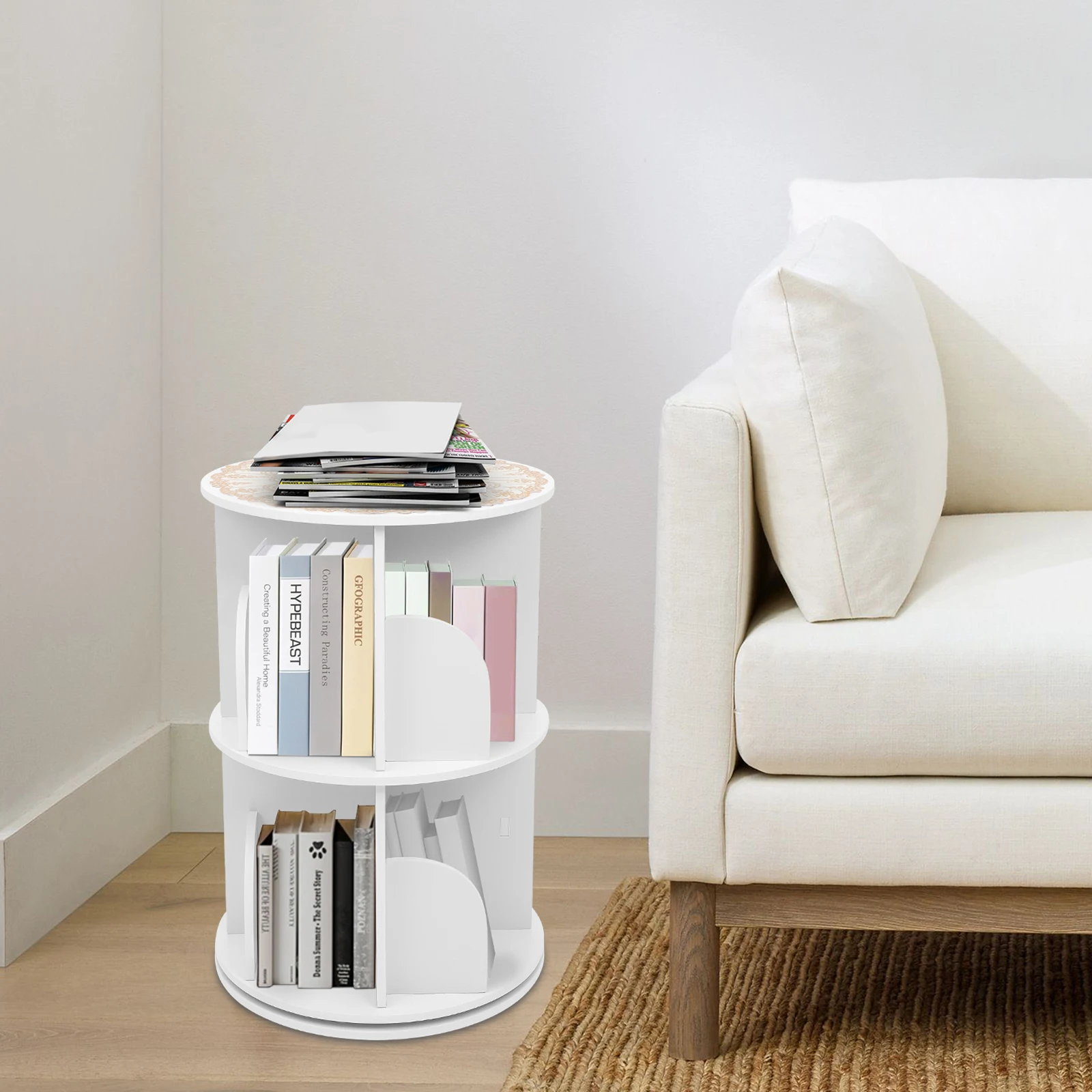 رف كتب دوار باللون الأبيض بطبقتين، 360 درجة °   رف كتب دوار قائم على الأرض، رف عرض للتخزين الزاوية - سعة تحميل 60 كجم