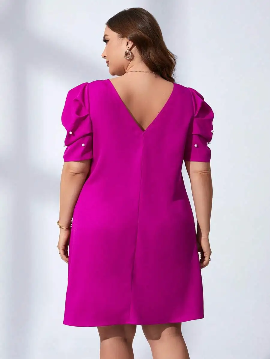 V-Neck Puff Sleeve Dress With Pearl Beading For Women