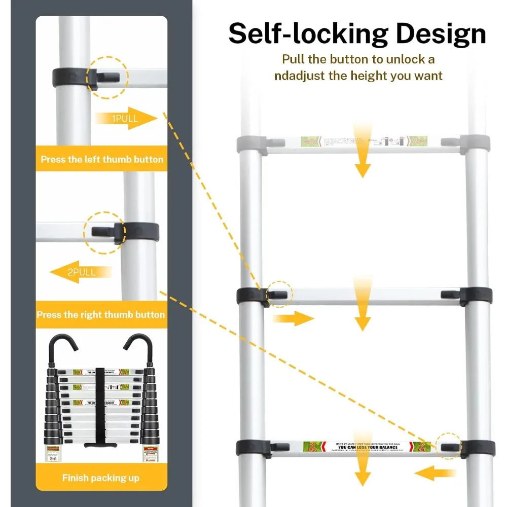سلم تصغير من الألومنيوم بطول 10.5 قدم - أقدام غير قابلة للانزلاق، خطاف ثابت، سلم تمديد محمول للاستخدام المنزلي #5