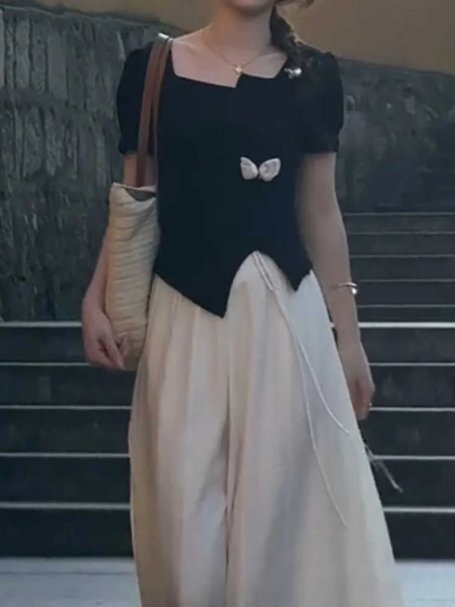 

Облегающая футболка в корейском стиле с квадратным вырезом, с завязками, разрезом, летняя, больших размеров, скрывающая недостатки, привлекательная, стандартная...