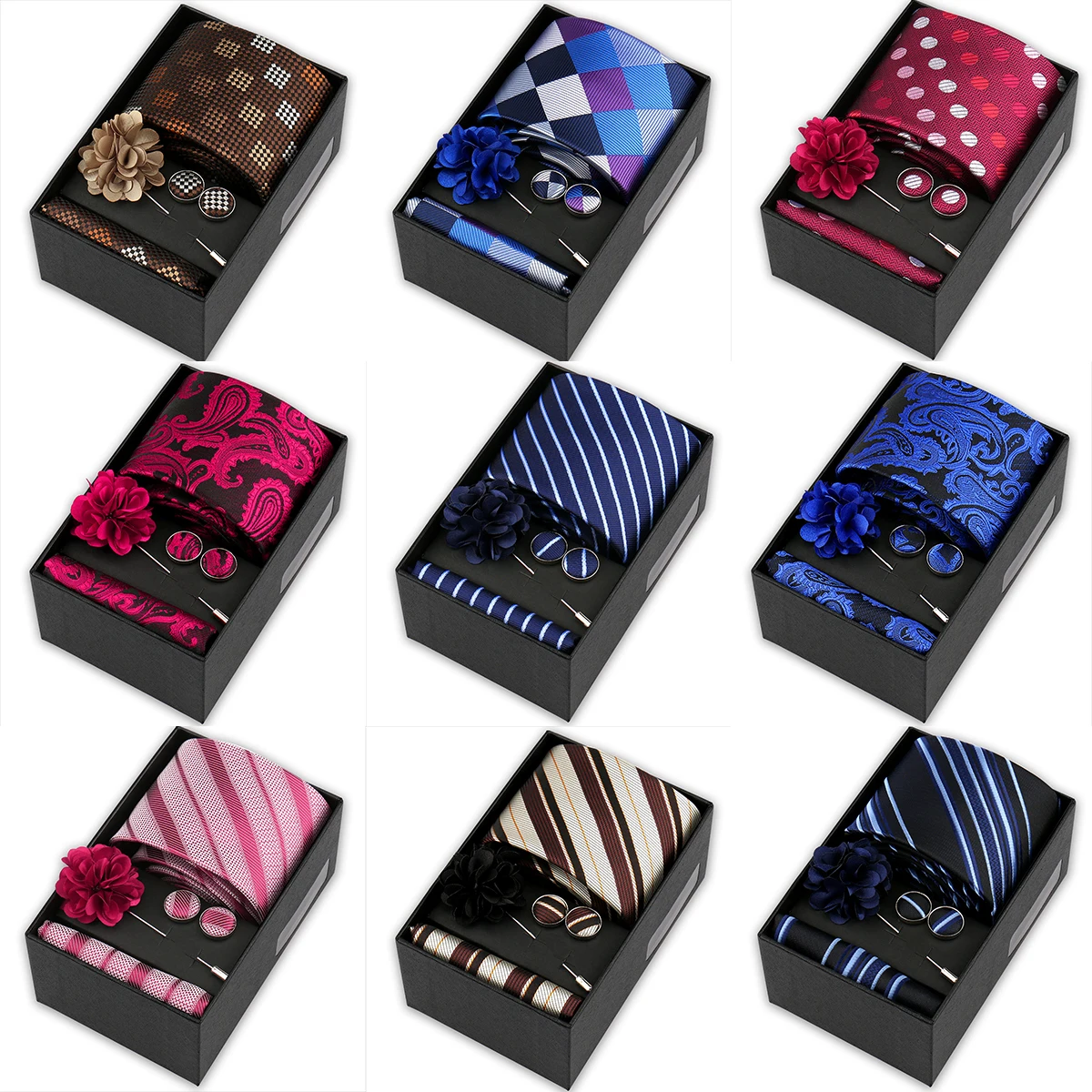 Brand Design Tie Handkerchief Cufflink Clip Set For Men Silk Necktie Holiday Gift Box Blue Gold Suit Accessories Wedding Gravata